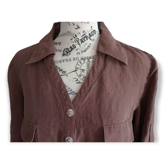 Neiman Marcus Womens Brown Linen Silk Button Down Blouse Camp Shirt Pockets 8 - Picture 4 of 12